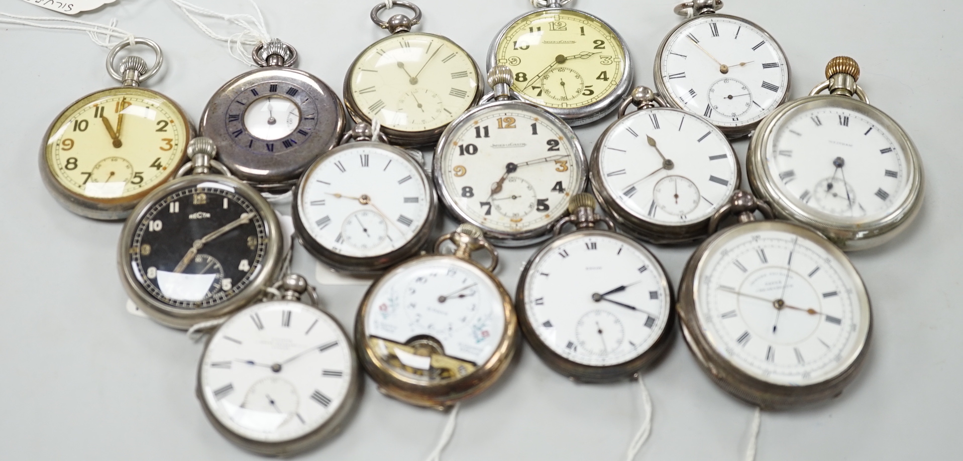 Fourteen assorted mainly base metal pocket watches including two Jaeger LeCoultre and a chronograph.